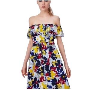 ZARA Denim Floral Off Shoulder Cotton Linen Blend Dress - Size XS